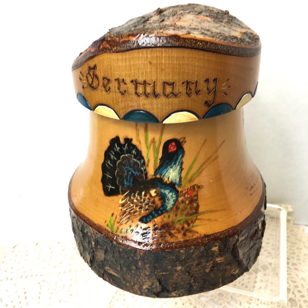 * Beer Stein German Wood Handmade Carved Plastic Insert Unique VTG EUC